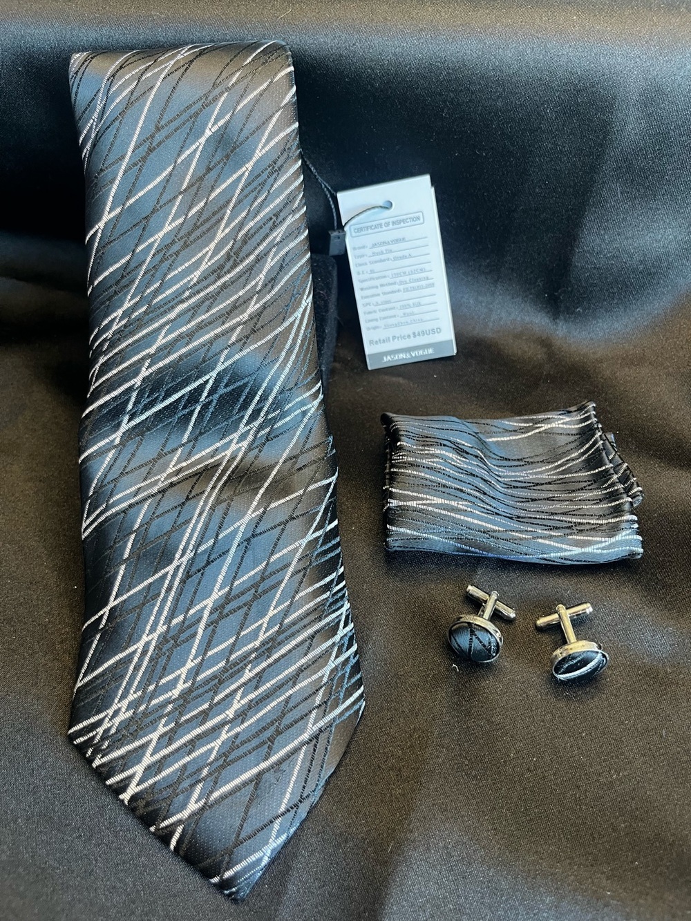 Men's Black and Silver Striped Tie Set with Pocket Square and Cufflinks